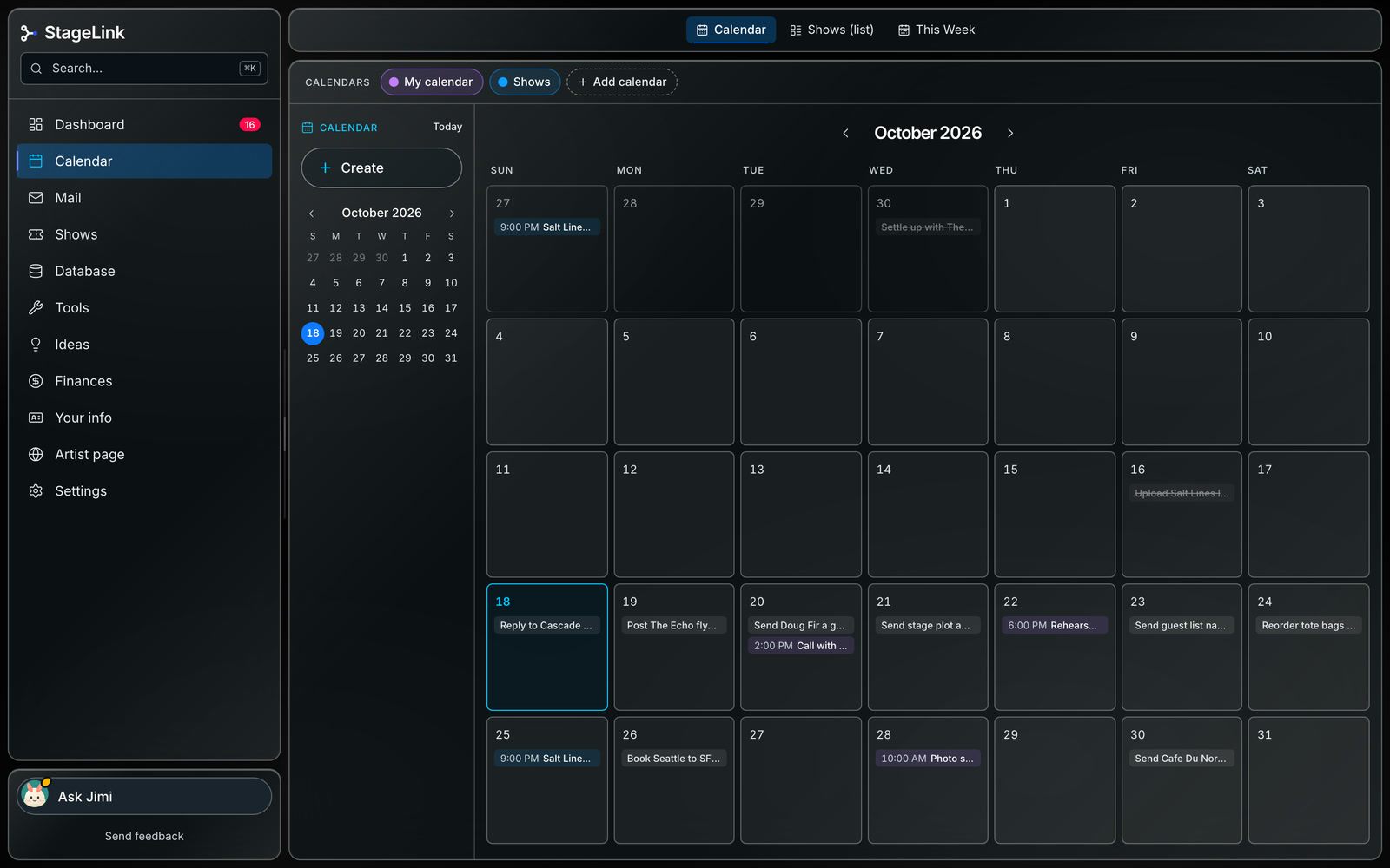 StageLink's calendar for October, with shows, calls and dated follow-ups