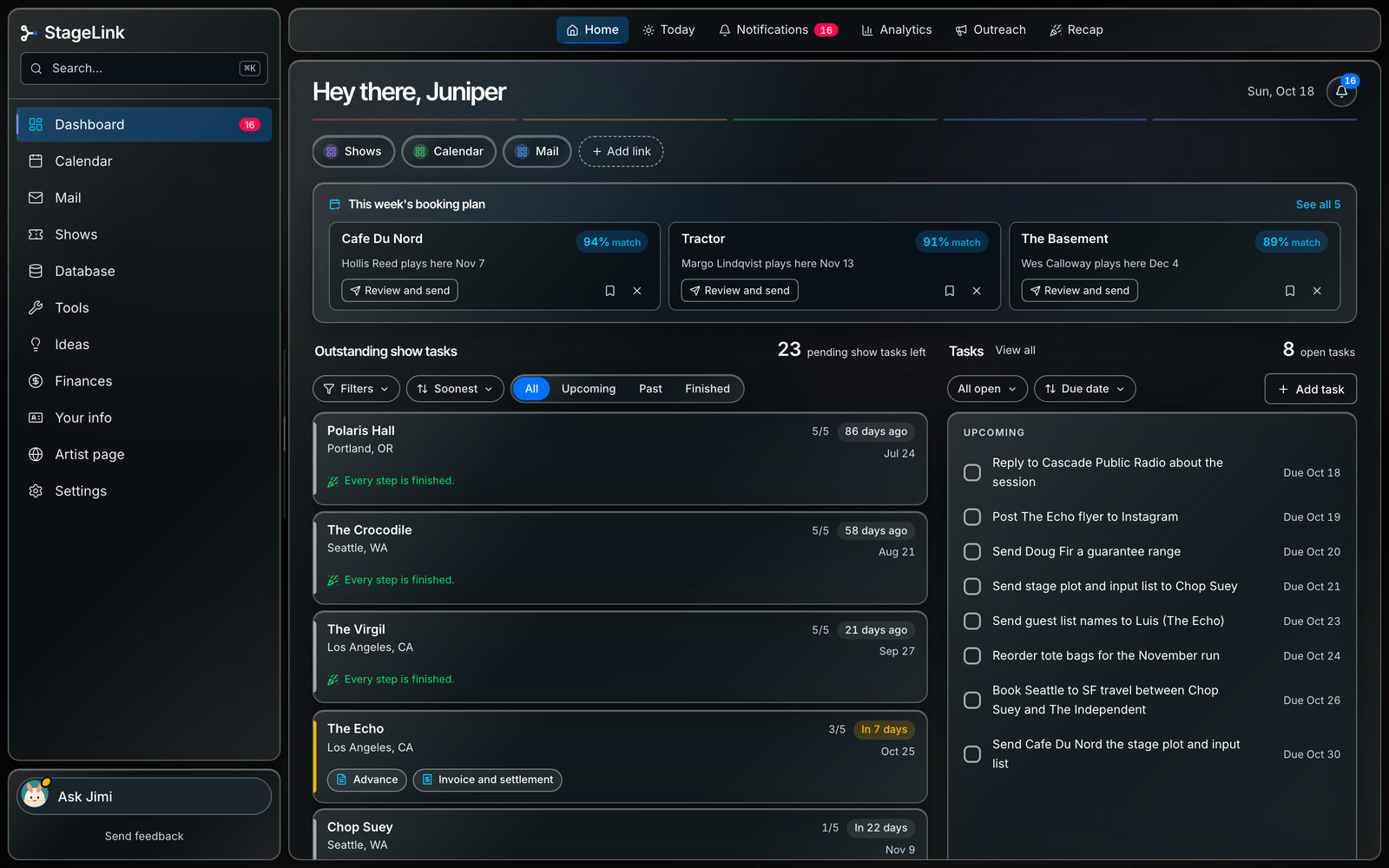 StageLink's home screen: this week's booking plan, shows that still need something, and tasks