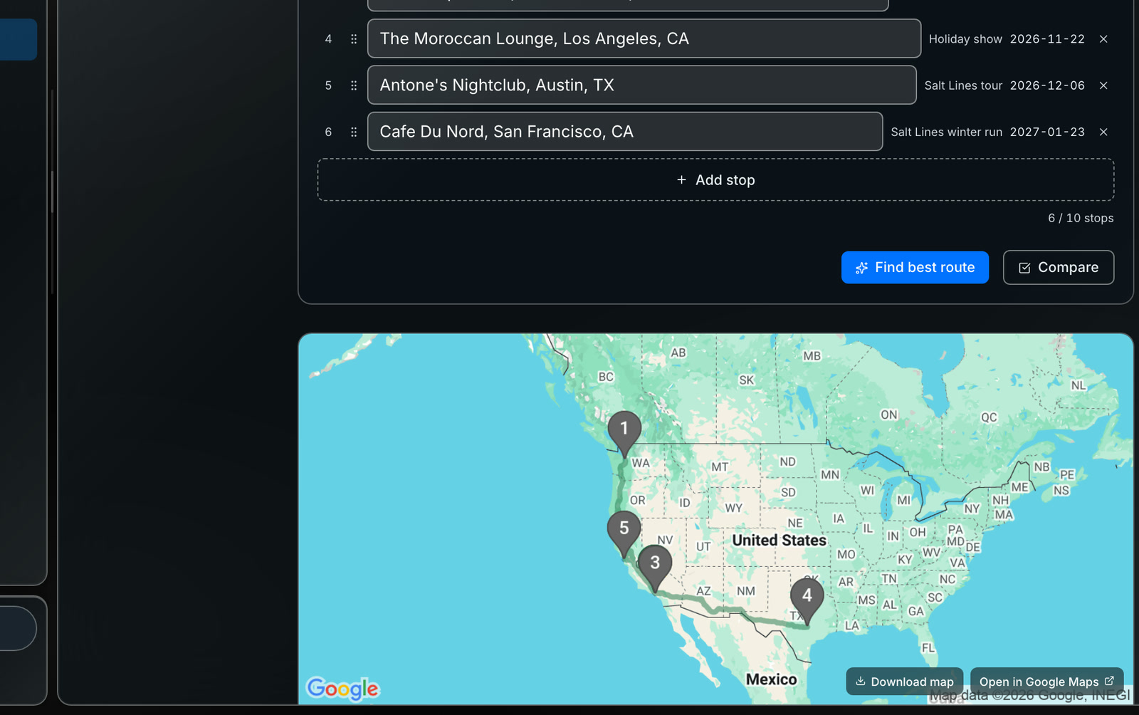 The tour router's map of a West Coast run